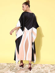 Women's Satin Black & Beige Kaftan Dress