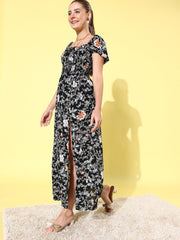 Women's Black Floral Maxi Dress with Puffed Sleeve