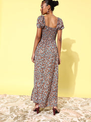 Women's Multicoloured Floral Maxi Dress with Puffed Sleeve