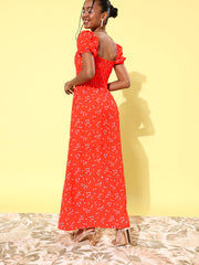 Women's Coral Floral Maxi Dress with Puffed Sleeve