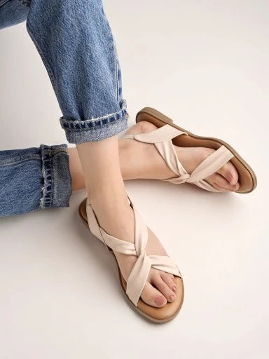 Cross Strap Cream Flat Sandals For Women & Girls