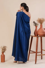 Women Stylist Teal Blue One Shoulder Pleated And Drape Style Satin Gown