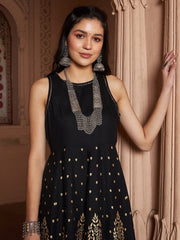 Women Black Floral Printed Anarkali Kurta with Trousers