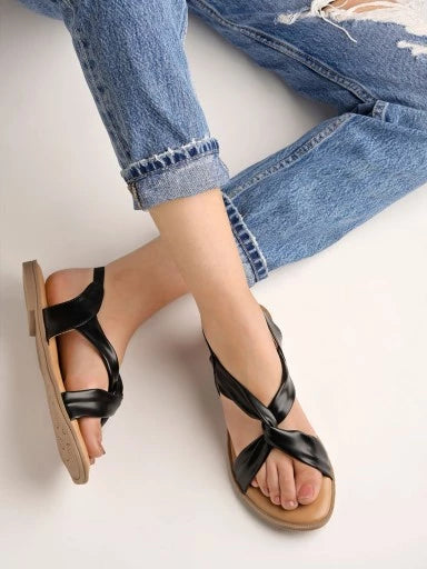 Cross Strap Black Flat Sandals For Women & Girls