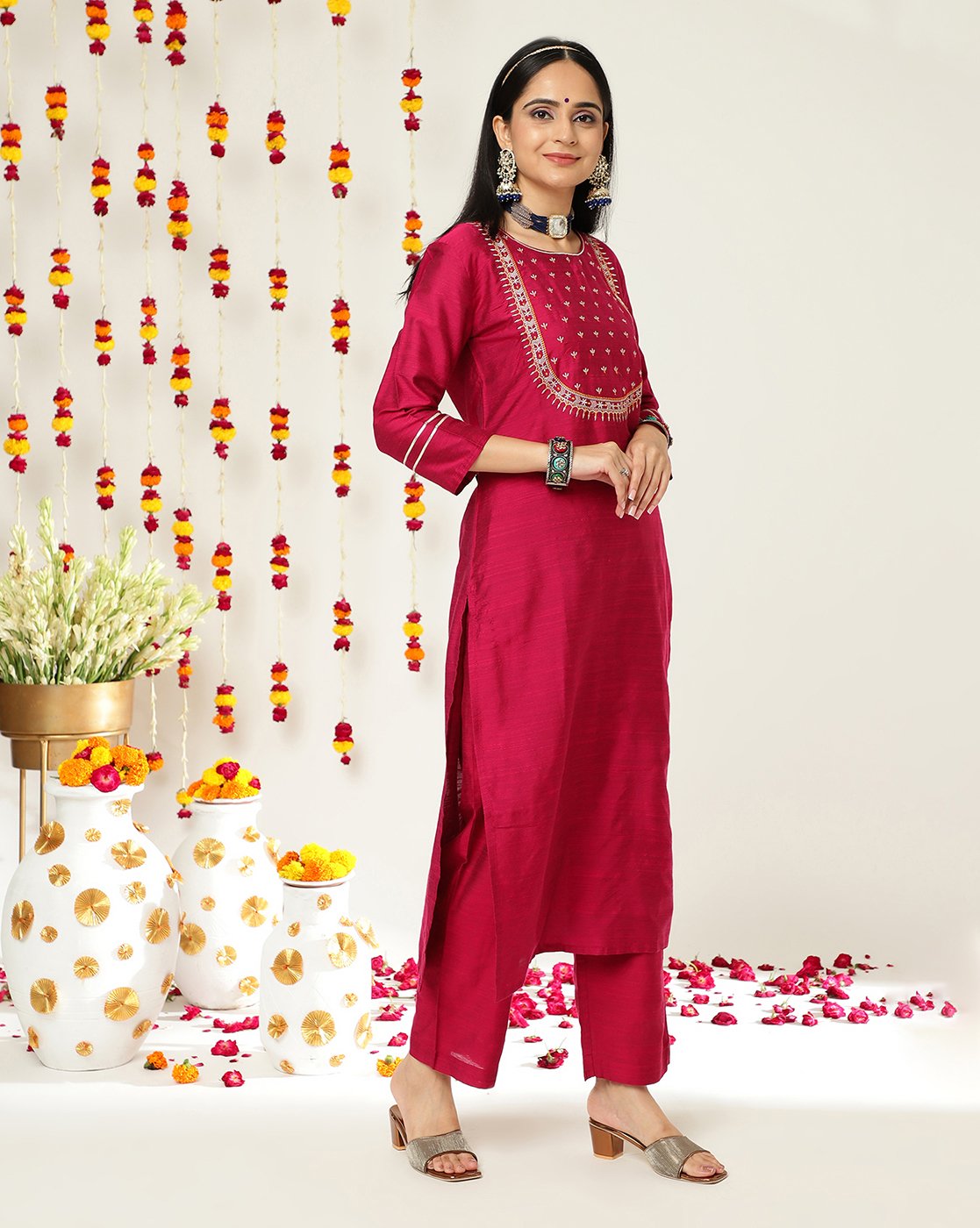 Women Maroon Ethnic Motifs Yoke Design Thread Work Kurta With Trousers & With Dupatta