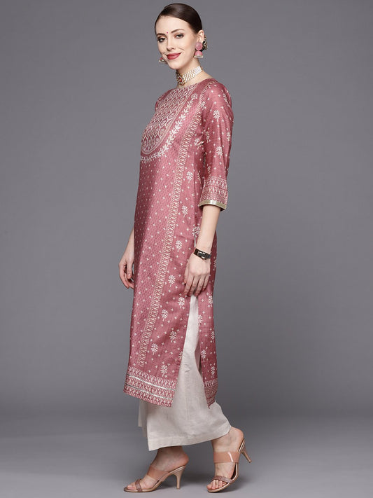 Mauve Floral Printed Placement Print Kurta With Quarter Sleeves.