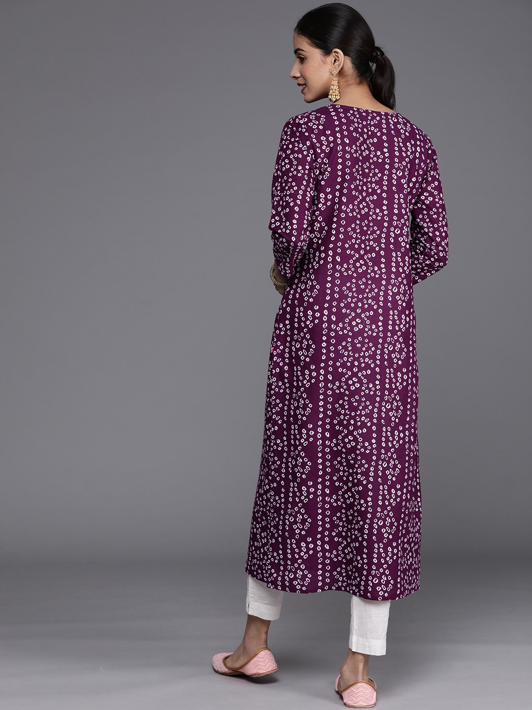 Purple And White Bandhani Printed Kurta Gota Embroidery Round Neckline 3/4Th Sleeves Embroidered Buttons Detail"