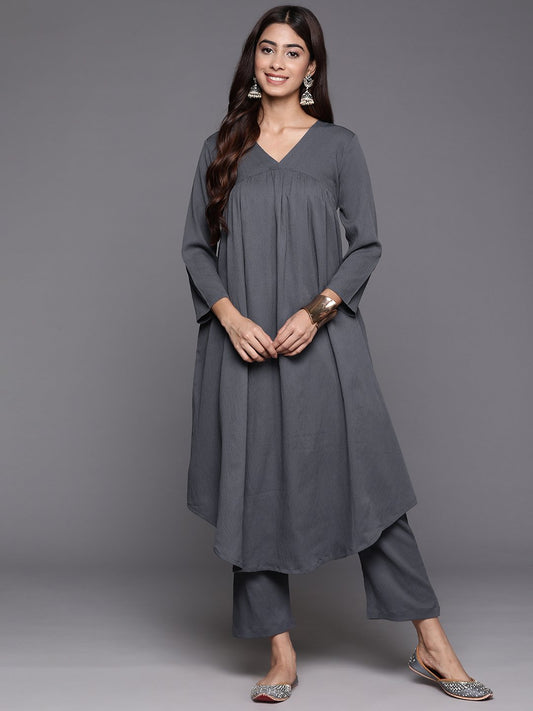 Women Grey Empire Gathered Details A-Line Kurta Paired With Tonal Bottom