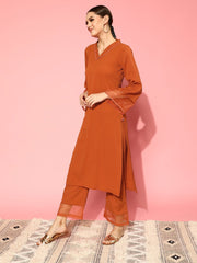 Women Rust Straight Kurta Paired With Tonal Bottom