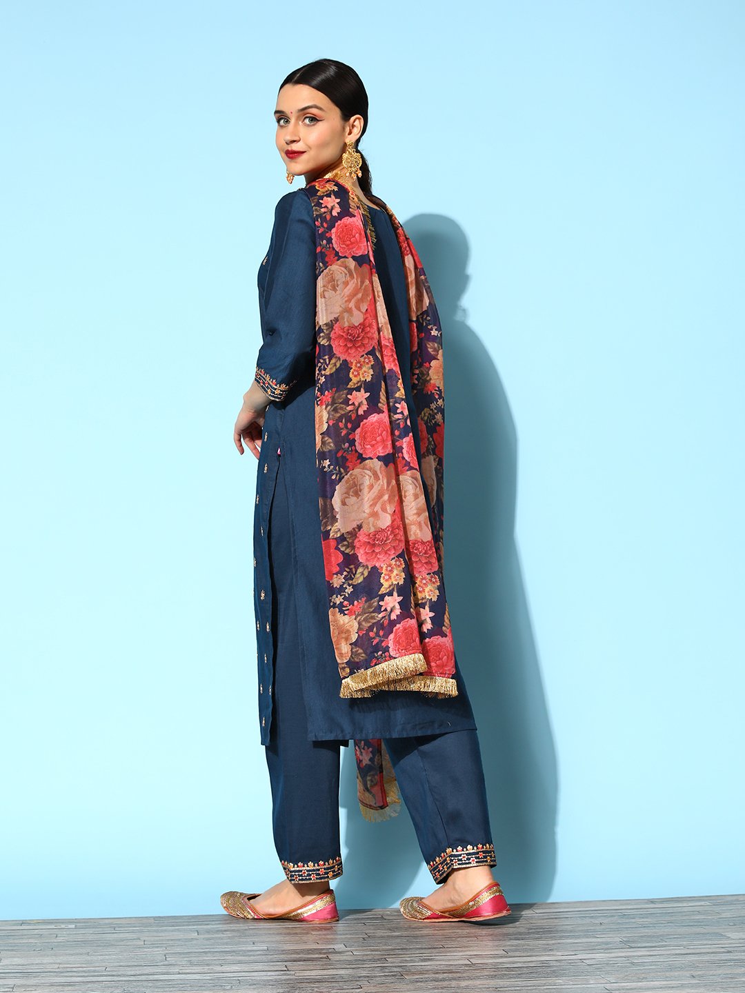 Blue Embroidered Kurta With Tonal Bottom And Printed Dupatta