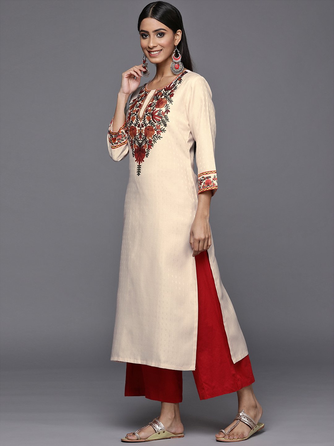 cream pashmina floral printed straight winter kurta with three quarter sleeves