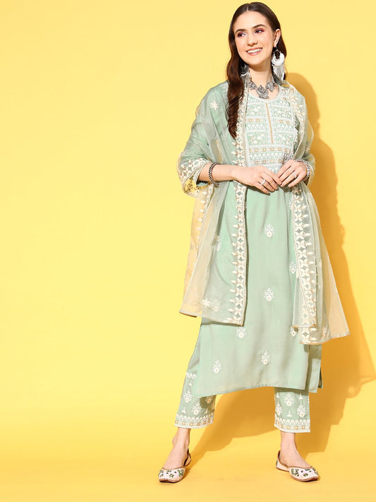 Women Sea Green Embroidered Kurta Paired With Tonal Trouser And Dupatta