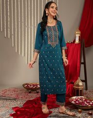 Women Teal Embroidered Straight Kurta Paired With Tonal Bottom And Printed Dupatta