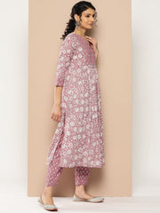 Women Mauve Floral Printed Kurta A-Line Kurta Paired With Tonal Printed Bottom And Chiffon Solid Dupatta