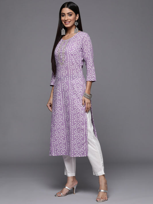 Lavender Bandhani Print Embroidered Kurta Has Round Neck