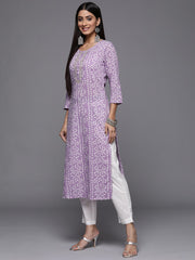 Lavender Bandhani Print Embroidered Kurta Has Round Neck