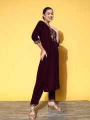 Purple Embroidered Kurta Set With Embroidered Dupatta