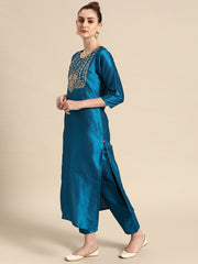 Blue And Gold Zari And Sequins Embroidery Kurta With Overall Elasticated Trouser