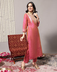 Coral Embroidered Straight Kurta With Three-Quarter Sleeves Paired With Tonal Bottom And Dupatta