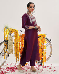 Purple Embroidered Straight Kurta With Three-Quarter Sleeves Paired With Tonal Bottom And Dupatta