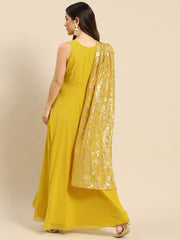 Long flare dress with dupatta drape