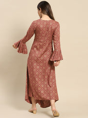 Bell Sleeve printed Long dress with front drape