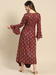 Bell Sleeve printed Long dress with front drape