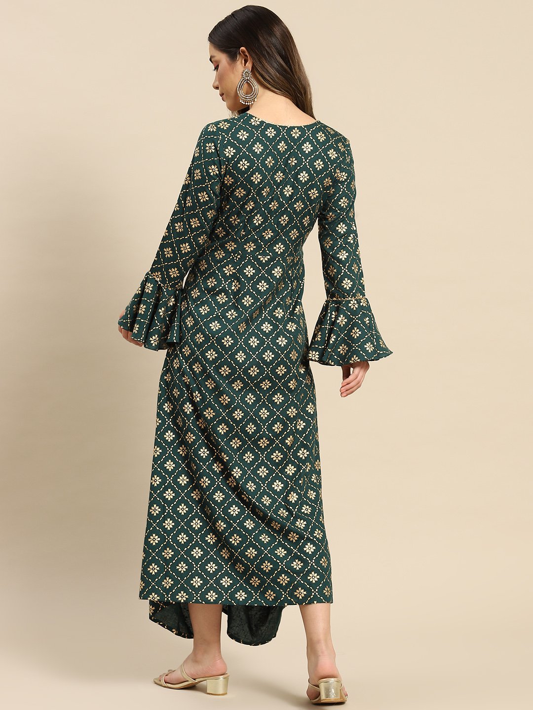 Bell Sleeve printed Long dress with front drape