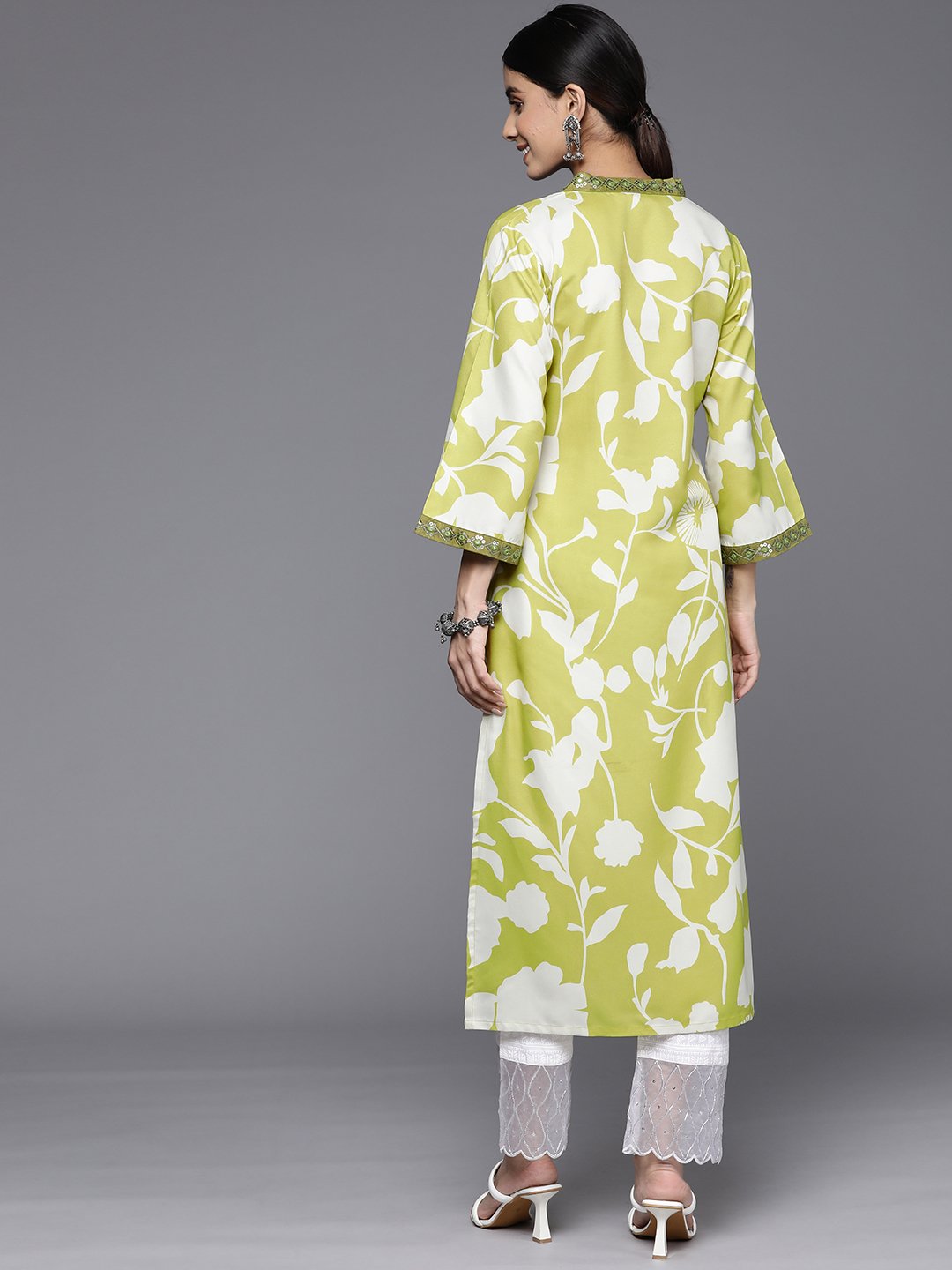 Women Lime Green Floral Printed Kurta With V-Neck And Three Quarter Bell Sleeves