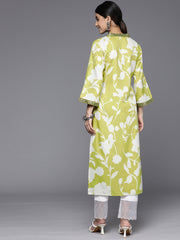 Women Lime Green Floral Printed Kurta With V-Neck And Three Quarter Bell Sleeves