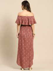 Off shoulder Flare yoke and U hem maxi dress