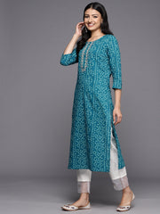 Women Turqoise Blue Bandhani Print Gotta Embellished Straight Kurta With Three Quarter Sleeves