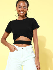 Women's Short Sleeve Belly Cut Out Crop Top- Black