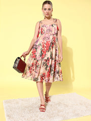 Women's Floral Tier Midi Dress with String Tie Ups- Multi