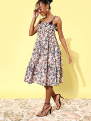 Women's Floral Tier Midi Dress with String Tie Ups- Peach