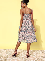 Women's Floral Tier Midi Dress with String Tie Ups- Peach