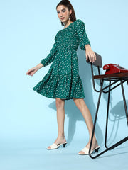 StyleStone Women's Ruched Green Polka Dress