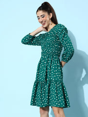 StyleStone Women's Ruched Green Polka Dress