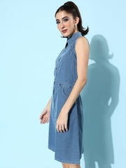 StyleStone Women'sLight Blue Denim Dress with front button detail