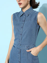 StyleStone Women'sLight Blue Denim Dress with front button detail