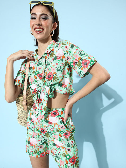 StyleStone Women's Floral Polyester Top and Shorts Co-Ord Set