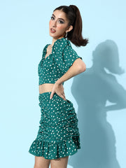 StyleStone Women's Pleated Green Polka Top & Skirt Co-Ord Set