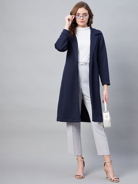 StyleStone Women's Navy Polyester Jacquard Self Design OverCoat