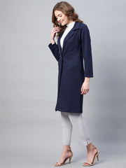 StyleStone Women's Navy Polyester Jacquard Self Design OverCoat