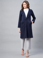 StyleStone Women's Navy Polyester Jacquard Self Design OverCoat