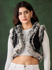 StyleStone Women's Denim and Fur Trim Bolero Crop Shrug