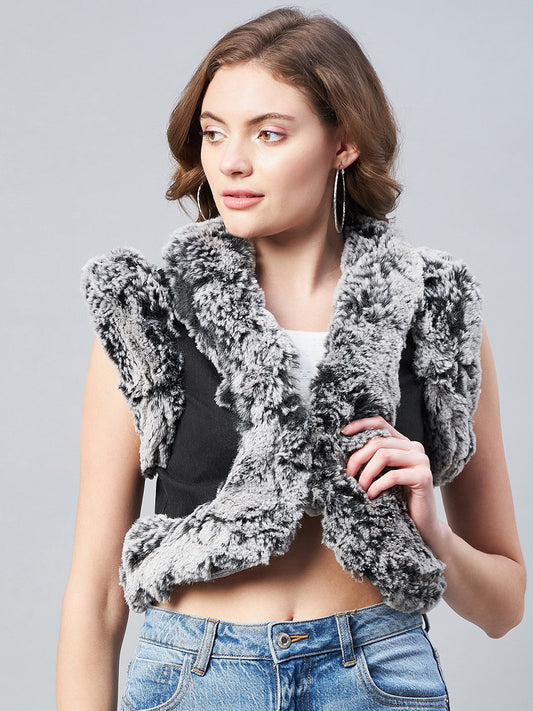 StyleStone Women's Denim and Fur Trim Bolero Crop Shrug