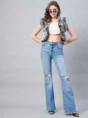 StyleStone Women's Denim and Fur Trim Bolero Crop Shrug