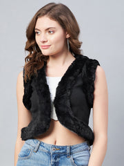 StyleStone Women's Denim and Fur Trim Bolero Crop Shrug