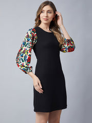 StyleStone Women's Black Dress with Printed Balloon Sleeves